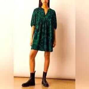 ba&sh Cleo Mini Dress Printed Green Peacock Relaxed Flowing Women Small